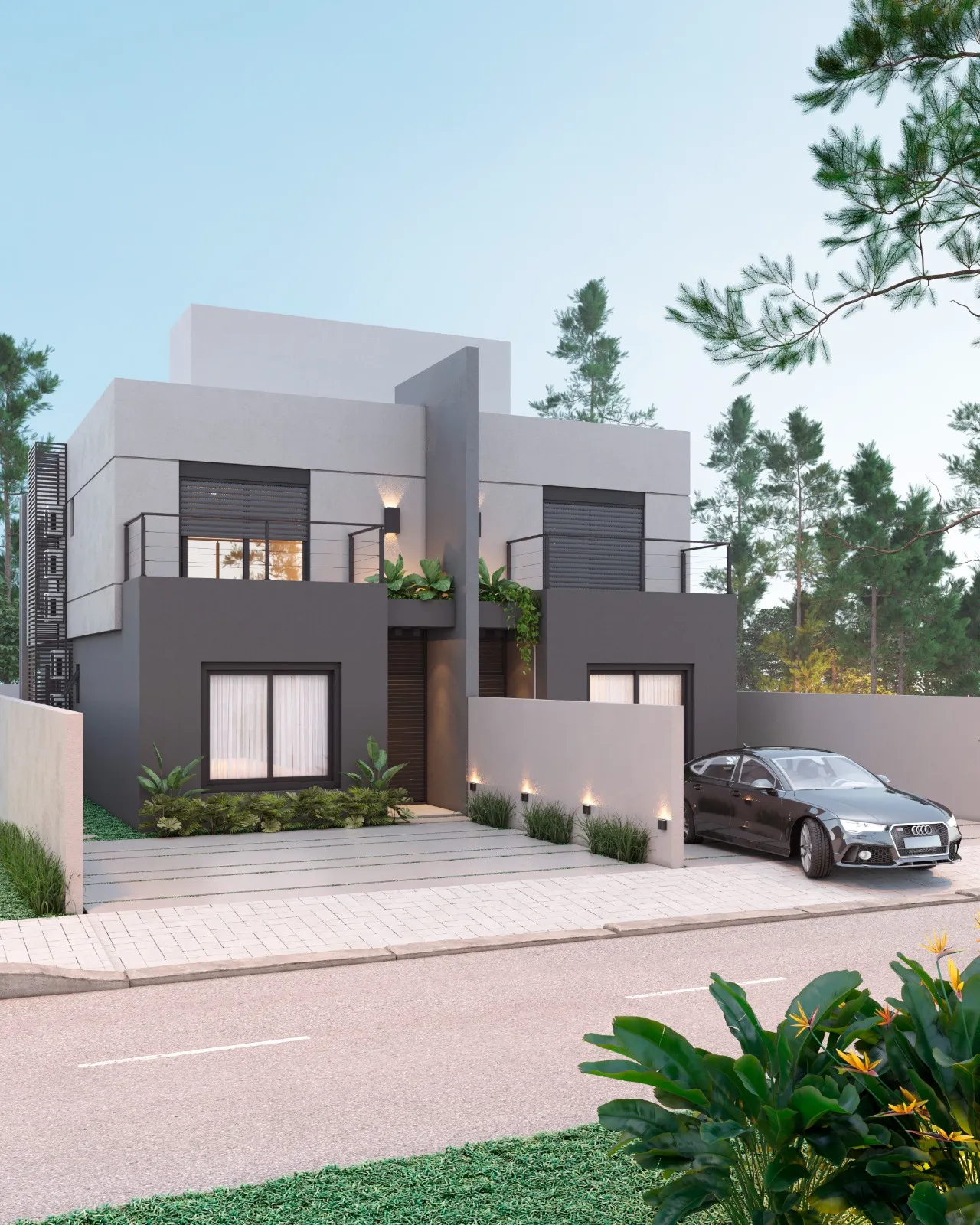 Fachada das Casas Twins ao entardecer — duas casas geminadas modernas