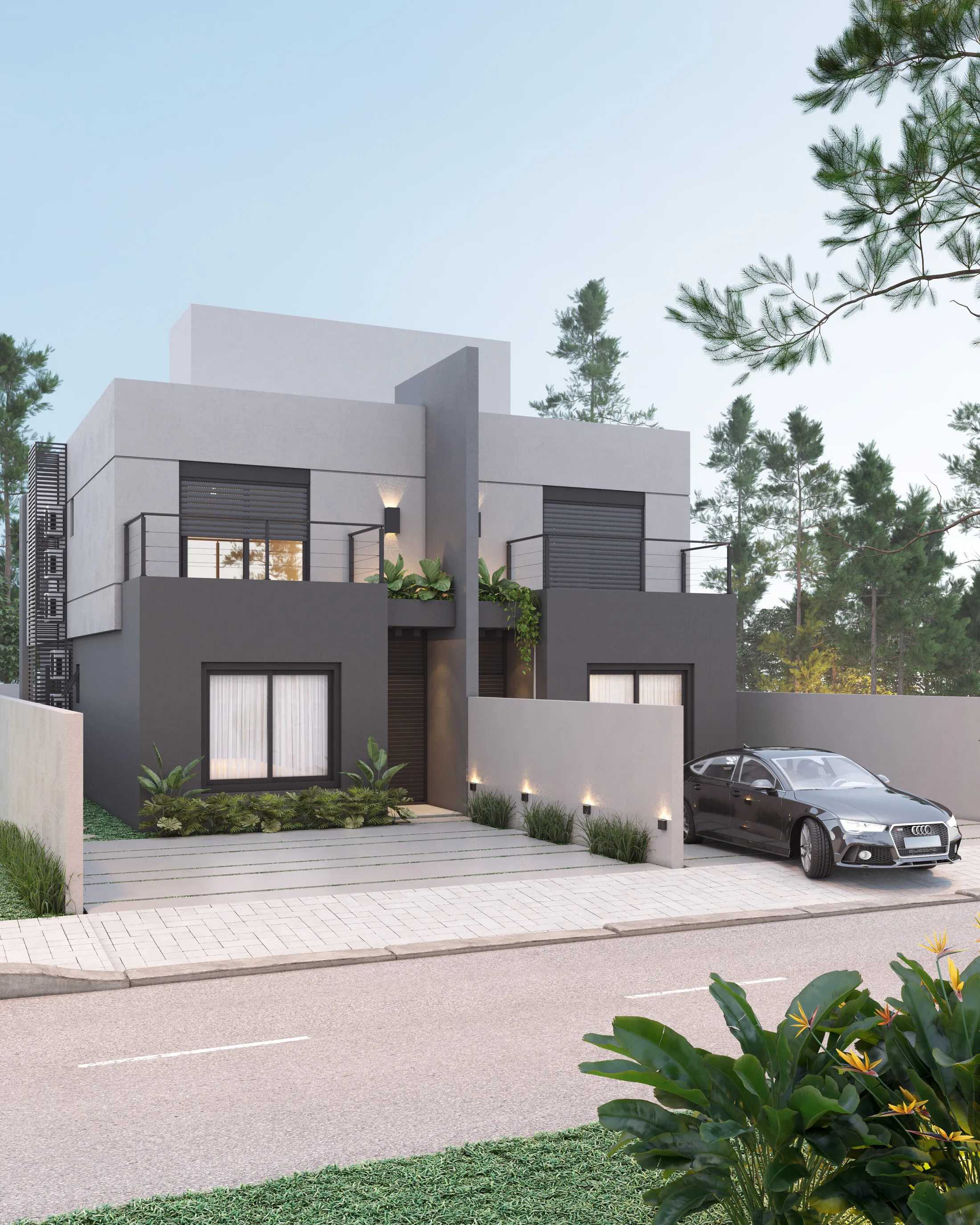 Casas Twins ao entardecer — vista em perspectiva das duas casas geminadas de alto padrão