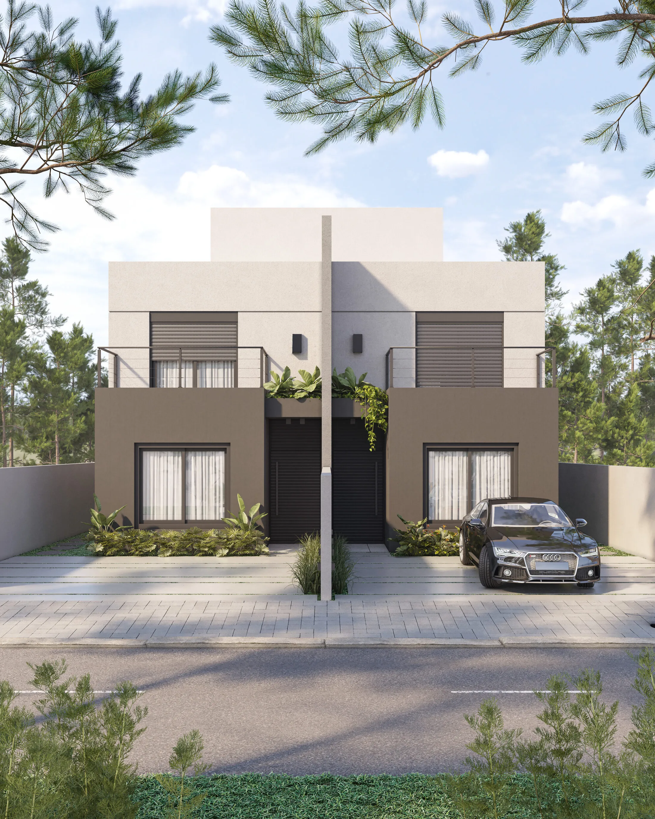 Fachada frontal simétrica das Casas Twins durante o dia
