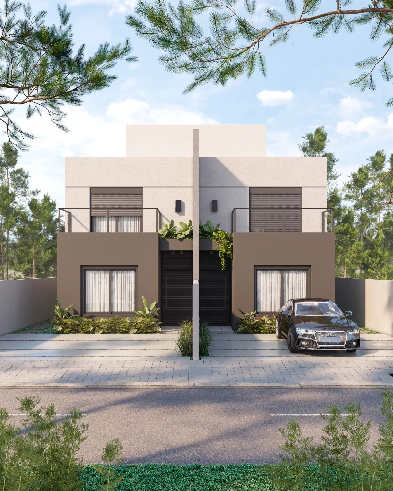 Fachada frontal das Casas Twins durante o dia